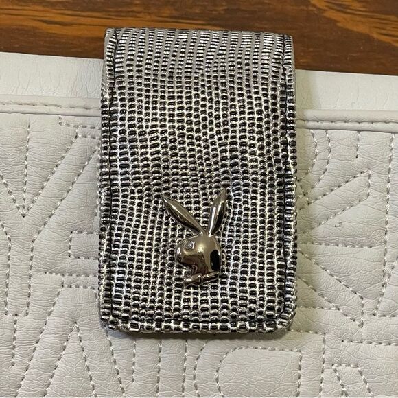 Playboy Quilted Stitched Logo Letters Wallet White With Silver Hardware Detail - Picture 2 of 15